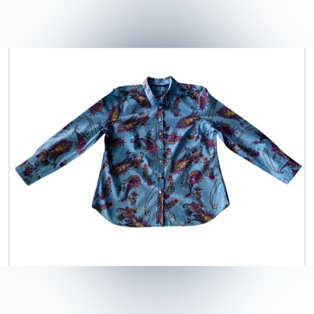 Talbots Cotton Button Front Shirt - Swirly Paisley, Size Lp - Picture 4 of 16